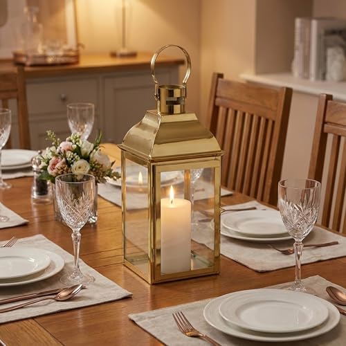 JHY DESIGN 15" H Stainless Steel Decorative Candle Lanterns with Tempered Glass Vintage Elegance for Indoor Outdoor Events Parties and Weddings(Gold) - Image 6