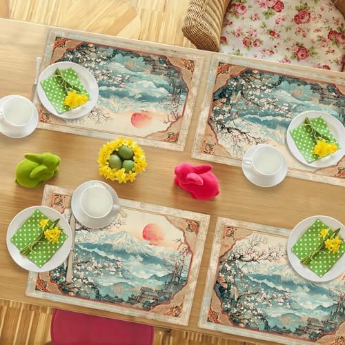 Japanese Placemats Set of 6 Rustic Mount Fuji Table Mats Cherry Blossoms Place Mats Decor Imitation Linen Heat Resistant Vintage Tablecloth for Dining Decoration Kitchen Party Restaurants 12''x18'' - Image 3