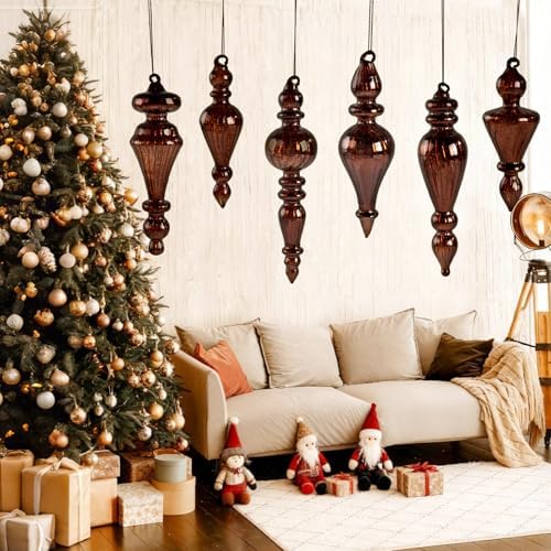 Mercury Glass Christmas Ornaments, Vintage Finial Decorations, Brown, 6-Pc - Image 2