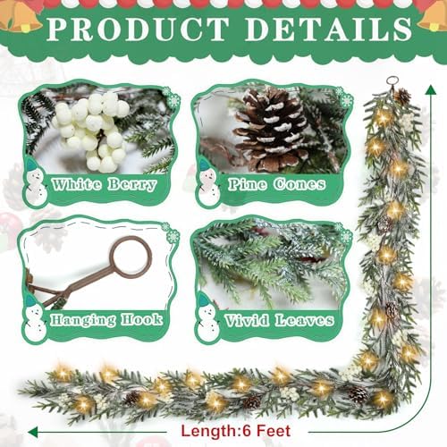 6FT Christmas Garland with Lights, Christmas Decorations Indoor Outdoor Pre-lit Artificial Pine Garland with Battery Operated Timer, Home Holiday Decor Flocked Garland for Mantel Window Stairs Wall - Image 3