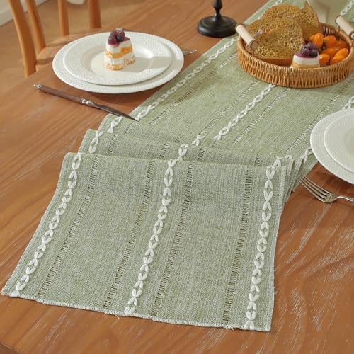 Sage Green Boho Cotton Linen Table Runner, Farmhouse Woven Table Runners Spring Holiday Kitchen Dining Table Decoration for Home Party Decor 13 x 120 by Niviy