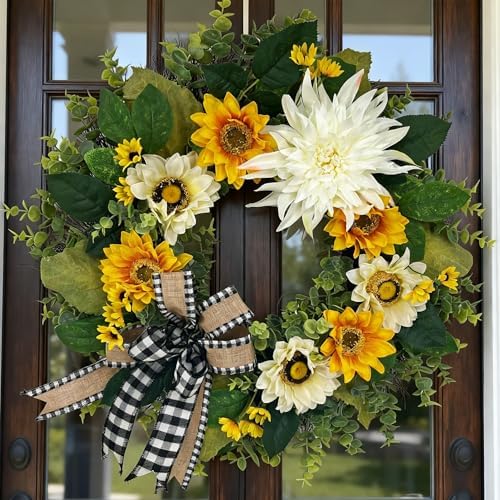 CYANBLOOM 24 Inch Summer Front Door Wreath – Modern Farmhouse Cream White & Yellow Sunflower Dahlia Wreath with Buffalo Plaid Bow, Outdoor Porch Wall Decor All Season, Housewarming Wedding Gift by Unknown