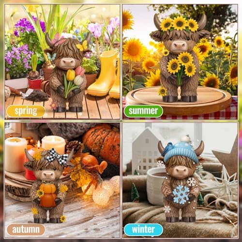 Simgoing 4 Pcs Seasonal Highland Cow Figurines, Spring Summer Fall Winter Gnomes 4 Seasons Highland Cow Home Decor Table Centerpieces Scottish Resin Statue Calf Gifts for Home Garden Kitchen Office - Image 5