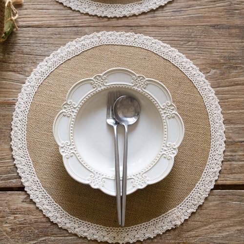 FunWheat Burlap Round Braided Placemats Set of 12 for Dining Tables 15 Inch Heat Resistant Jute Table Mats Farmhouse Woven Fabric Natural Place mats for Fall Decoration(Cotton Lace) - Image 5