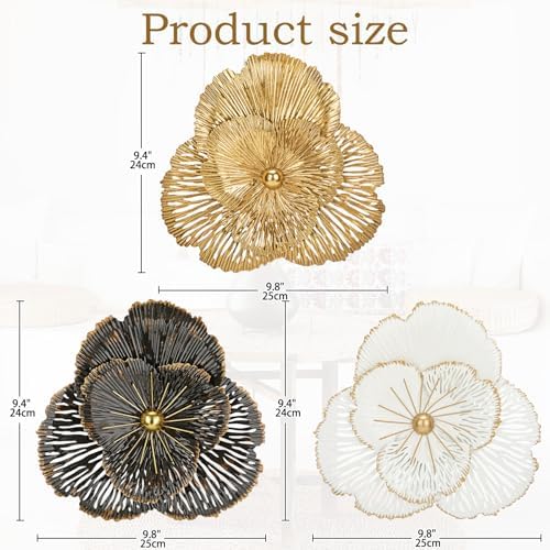 DILATATA 3 Pcs Metal Flower Wall Art Set 10 Inch Rustic Modern Floral Sculpture 3D Metal Flower Wall Hanging Accent for Indoor Living Room Bedroom Kitchen Bathroom Garden Patio Decor - Mixcolor - Image 2