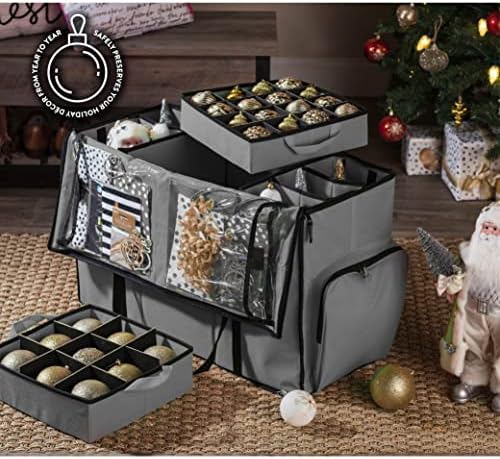 ZOBER All in One Christmas Ornament Storage Box & Decoration Container - Easy Access Removable Trays, Keeps 73 Ornaments - Adjustable Extent Area for Figurines and Pockets for Decoration - Gray - Image 2