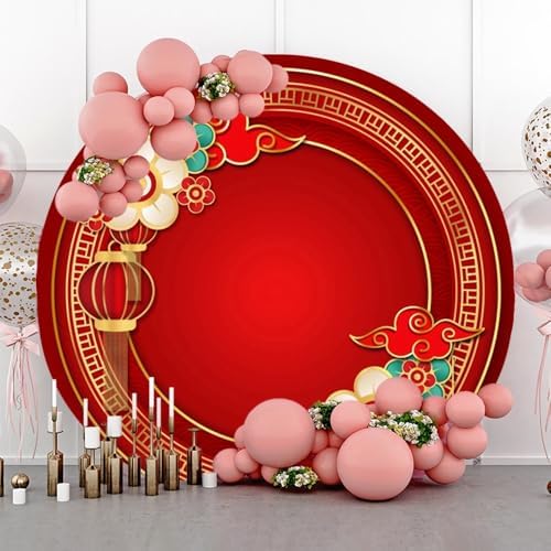 Happy Chinese New Year Round Backdrop Cover Red Lantern Floral Lunar New Year Photography Background 2025 Year of The Snake Chinese Spring Festival Celebration Party Decorations Supplies 5ft - Image 3