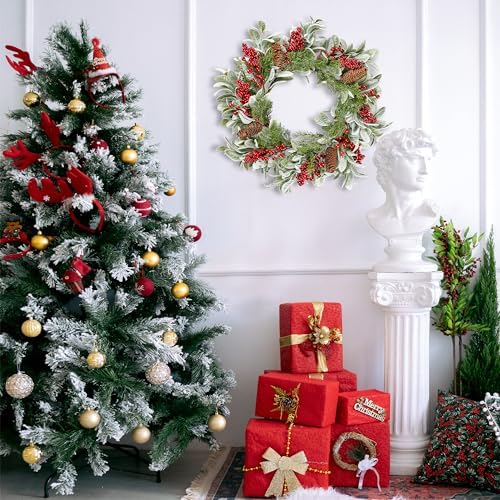 Sggvecsy 19 Inch Artificial Christmas Wreath for Front Door Flocked Lambs Ear Wreath with Red Berries Pine Needles Pinecones Christmas Decorations for Wall Outdoor Home Holiday Xmas Decor - Image 5