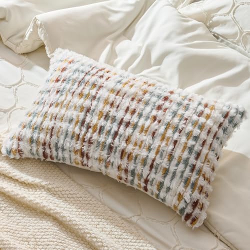 AmHoo Set of 2 Boho Chenille Pillow Cover Decorative Tufted Pillowcase for Couch Bed Sofa Bedroom Living Room Modern 12 x 20-Inch Brown White - Image 3