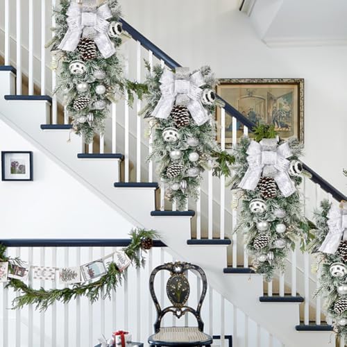 30" Christmas Teardrop Swag for Front Door Artificial Winter Swag Garland with Pine Cones, Berry Clusters, White Ball Ornaments and Ribbons for Thanksgiving Holiday Christmas Decoration - Image 5