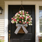 White Tulip Door Hanger Basket Wreath for Front Door,Artificial Tulip Flower Wreaths Hanging Decor with Woven Basket,Spring Summer Baskets Wreath for Wall Window Holiday - Image 3