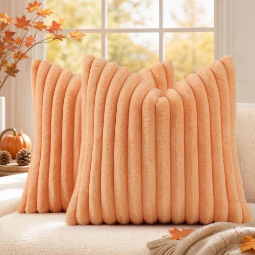 decorUhome Fall Faux Fur Throw Pillow Covers 22x22 Set of 2 Light Orange by decorUhome