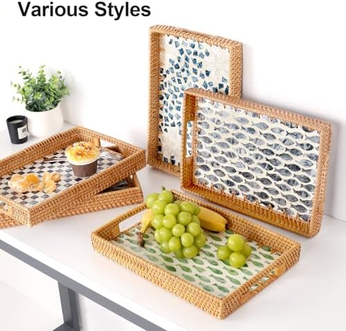 Rectangle Rattan Tray with Mother of Pearl Inlay, Rattan Serving Tray with Handle for Coffee, Bread, Fruits, Snacks, Decorative Wicker Tray for Table Decor (Rectangle Green Fish, 13"×9") - Image 3