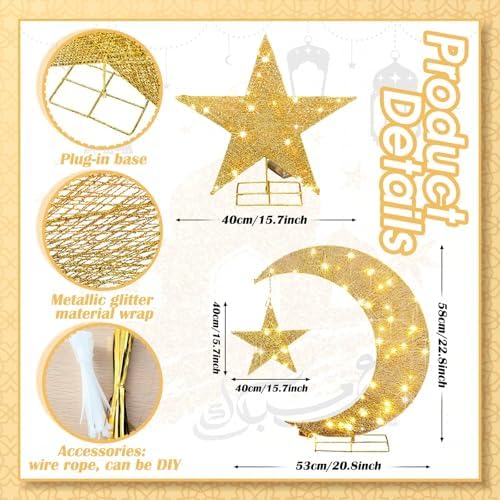 Glooglitter Pre-lit Eid Mubarak Decorations for Home Metal Eid Star Moon Crescent Light Ramadan Decorations Outdoor Lighted Night Lamp Sign with LED String for Yard Lawn Pathway - Image 4