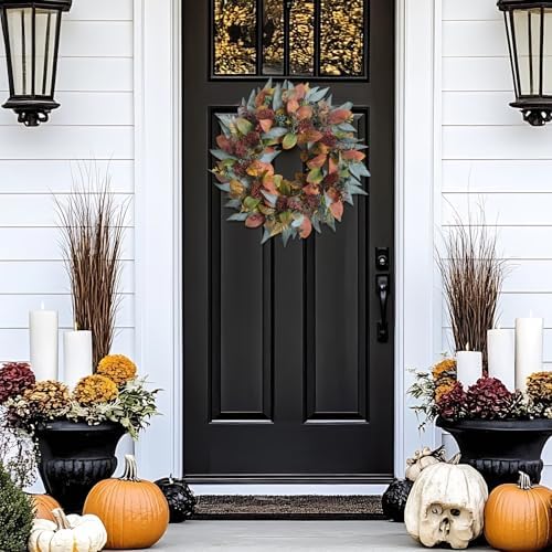 22-inch Fall Front Door Wreath Artificial Green Brown Autumn Leaf Red Thorn Fruit Fall Wreath Farmhouse Courtyard Indoor Outdoor Decoration Thanksgiving Harvest Festival Party Decoration - Image 6