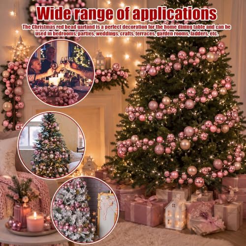 2 Pcs 6 ft Christmas Ball Ornament Garland, Pink, Champagne Gold - Image 3