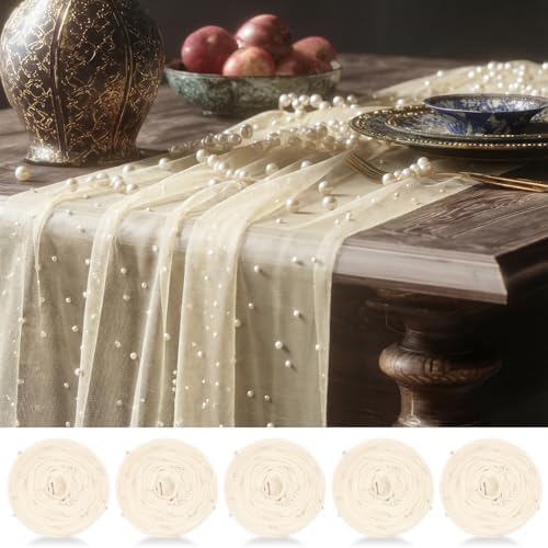 Beige 10 Pcs Pearl Gauze Table Runner 120 Inch 10ft Pearl Sheer Tulle Table Cloth Centerpieces for Home Wedding Birthday Bridal Baby Shower Party Favor Holiday Dining Decorations by Unknown
