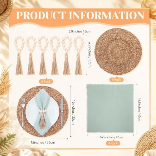 Fanfanwin Set of 6 Woven Placemats with Sage Green Napkins, 13" - Image 2