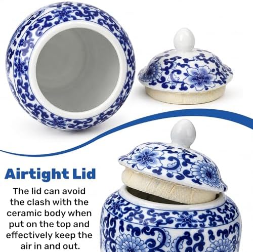 Tlence 4 Pack Small Blue and White Vases, Ceramic Chinoiserie Ginger Jars with Lid, Tiny Chinese Traditional Floral Vase, Mini Decorative Tea Storage for Home Bedroom Table Shelf Tabletop - Image 3