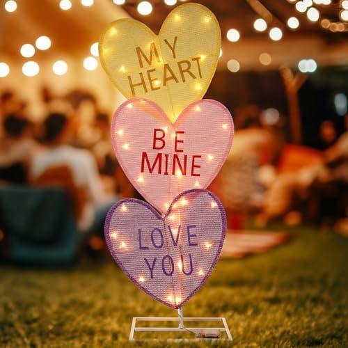 VIHOSE Valentine's Day Heart Lights 41 Inch H Pre-lit Lighted Heart Decor with 50 Warm White Lights Valentine's Day Conversation Candy Hearts Decoration for Indoor Outdoor Porch Garden Lawn (Vivid) by VIHOSE
