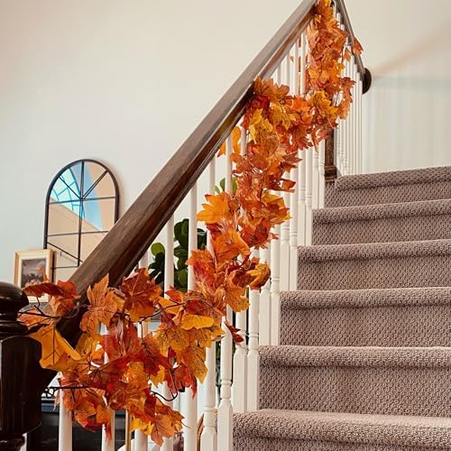 CQURE 12 Pack Fall Leaf Garland, 5.9Ft Artificial Maple Leaf Garland Fall Leaves Autumn Hanging Vines Maple Leaves Thanksgiving Decor for Home Wedding Fireplace Party - Image 5