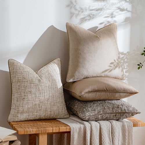 a moment Neutral Khaki Brown 4 Pack Throw Pillow Covers - Chenille & Velvet Set with Piping, Farmhouse Textured Design Pillow Cases for Couch Sofa Bed Livingroom (16x16 Inch, No Insert) - Image 3