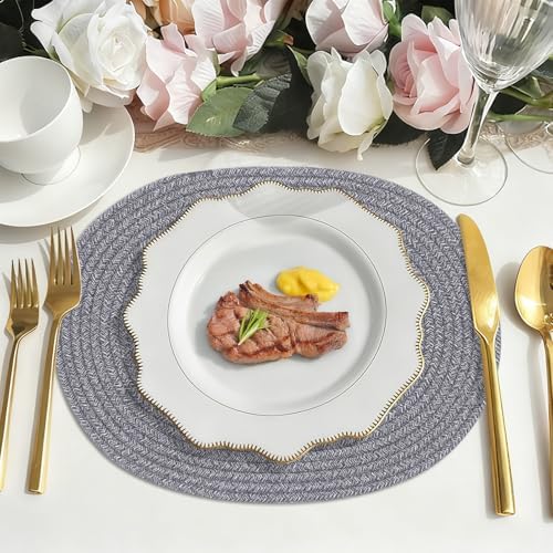 Oval Woven Placemats Set of 6, Boho Cotton Rope Braided Table Mats, 17x13 Inches Non Slip Heat Resistant Place Mats for Dining Room, Thick Hot Pads for Farmhouse Kitchen Table Decor. (Gray) - Image 4