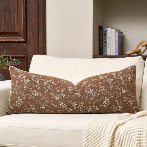 Spring Flower Lumbar Throw Pillow Cover 14x36 Inches Brown Vintage Floral Pillow Cover Farmhouse Summer Cushion Cover Leaf Pillowcase Home Decor for Sofa Living Room Couch by Gluviroz