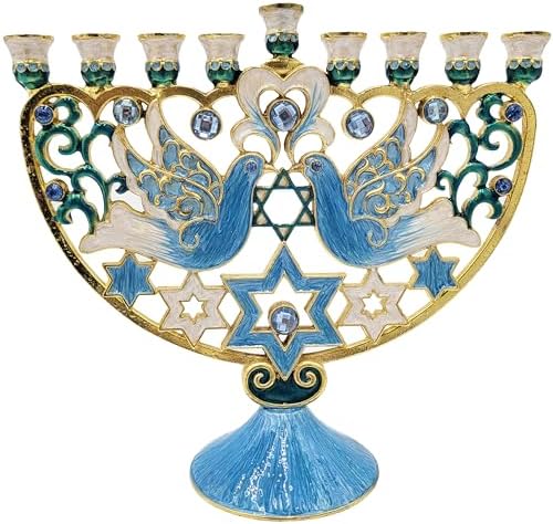 The Dreidel Company Hanukkah Large 12-Inch Tall Menorah Hand Painted Enamel, Star of David Magen David & Blue Bird Design, Hand-Painted Enameled Metal by TheDreidelCompany