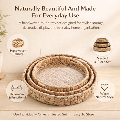 Round Woven Rattan Tray with Clear Acrylic Insert and Handles, Water Hyacinth Decorative Storage Tray for Coffee Table, Ottoman, Bathroom Counter, Kitchen (M: 12.99 in × 2.36 in) - Image 2