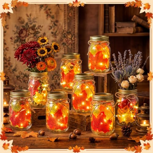 Blushtier 8 Sets Fall Table Centerpieces Thanksgiving Mason Jars Centerpiece Table Toppers Decor with LED Light Maple Leaf Autumn Gifts for Wedding Birthday Party Favors Supplies Home Office Decor - Image 2