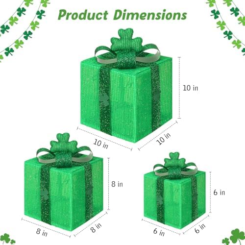 Lewondr St Patricks Day Decorations Lighted Gift Boxes with 3D Shamrocks, Green Decor Light Up Present Boxes for St Patrick's Day, USB Powered + Remote Control Lucky Clover for Indoor Home Holiday - Image 5