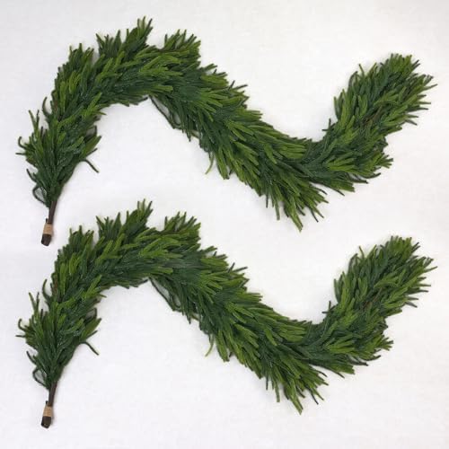 6FT Artificial Norfolk Pine Garland 2 Pack – Dense Green Christmas Garland, Real Touch Holiday Greenery for Front Door, Fireplace Mantel, Staircase, Indoor Outdoor Home Decoration by QIANYUN