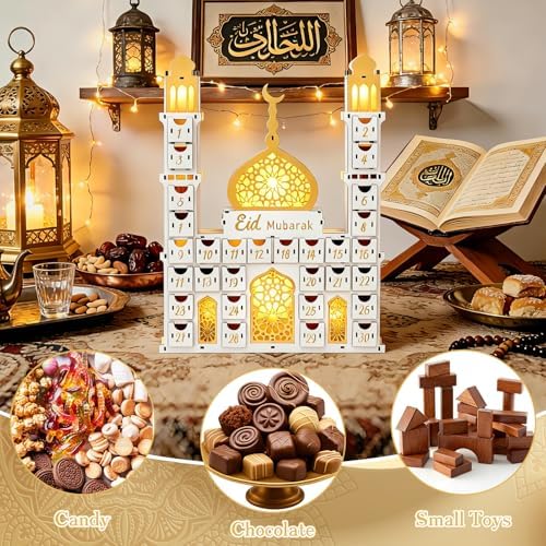 Ramadan Advent Calendar with 30 Drawers Lighted Wooden Eid Mubarak Mosque Countdown Calendar Fillable Large Ramadan Dates Gift Box for Islamic Muslim Home Table Decoration Family Party Supplies - Image 4