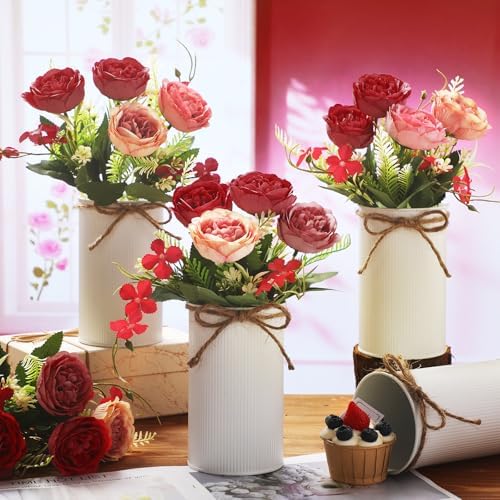 Domensi 6 Sets Wedding Centerpiece for Table Decoration Burgundy&Dusty Pink&Creamy Artificial Fake Rose Flower with Metal Vase Faux Silk Rose Bouquet Floral Arrangement for Bridal Shower Home Dining - Image 2