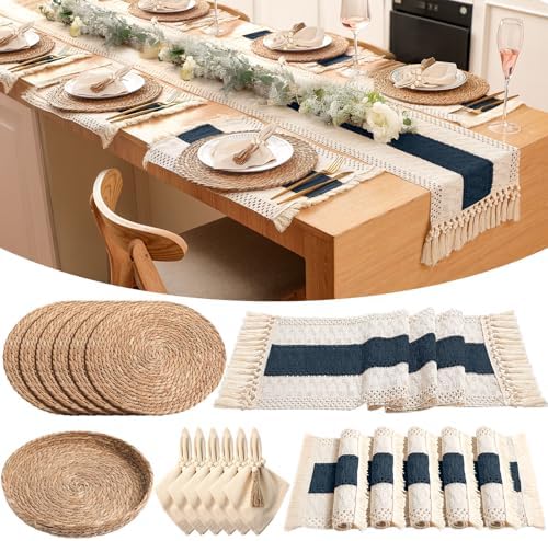 6 Sets Dining Table Decoration Boho Placemat, Blue, 12x72 by Gandeer
