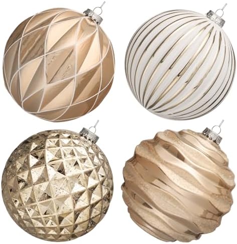 JORNOY Christmas Balls Ornaments Set, 6 inch/150mm Extra Large Shatterproof Plastic Hanging Bulbs for Xmas Tree Decorations Holiday Party with String, 4 Pack-Champagne White by JORNOY