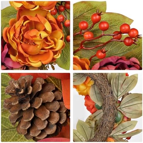 Artificial Fall Wreath, 24" Fake Peony Floral, Maple Leaves & Berries - Image 2
