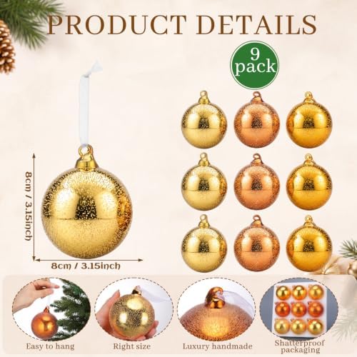 FoldTier 9pcs 3" Colorful Glass Ball Christmas Tree Ornament, Bronze - Image 2