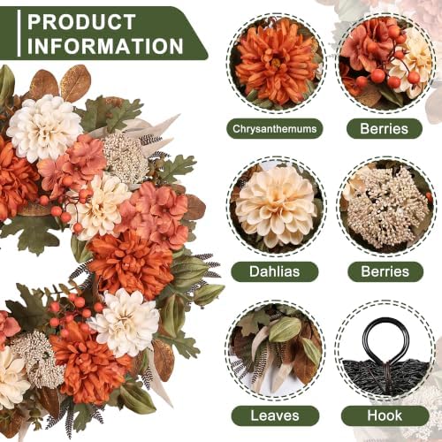 24" Fall Wreaths for Front Door with Mums Dahlias Queen Anne's Lace - Image 4