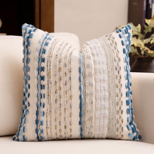 Boho Chenille Tufted Throw Pillow Covers 18x18 Inch Set of 2 Farmhouse Grey Blue Woven Striped Decorative Pillowcases for Couch Sofa Bed - Image 4