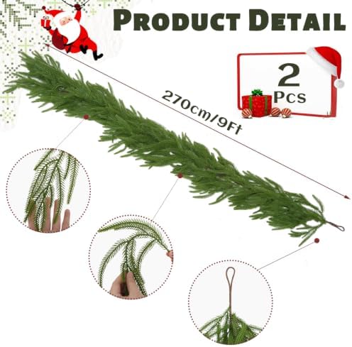 2 Pcs 9 FT Christmas Garland, Artificial Norfolk Pine Garland, - Image 2