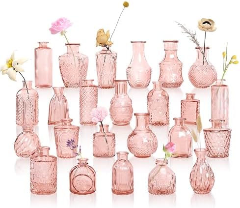 Vintage Pink Small Glass Vase Set of 24, Cute Bud Vases for Centerpiece Table Decorations, Boho Mini Vases for Flowers, Pink Clear Vase Bulk for Wedding Party Decor, Birthday, Baby Shower by GarDream