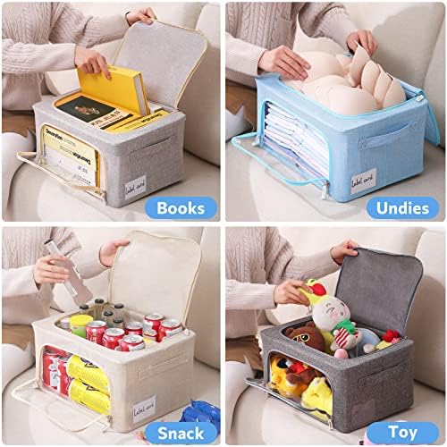CYhom Clothes Storage Bins Box - Linen Fabric Foldable Stackable Container Organizer Set with Clear Window & Carry Handles & Metal Frame - 2Pack Large Capacity for Bedding, Blankets, Books - Image 6