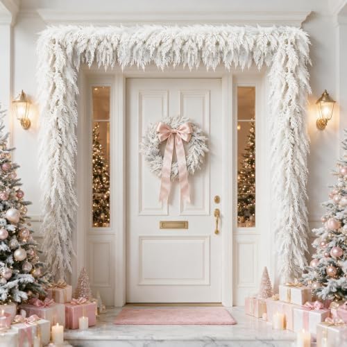 12FT White Christmas Cedar Garland, Realistic Artificial Garland, Winter Snowy Xmas Decorations Indoor Outdoor, Faux Holiday Garland for Mantle, Fireplace, Table, Door, Wedding Party Decor - Image 5