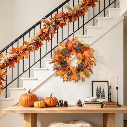 24" Fall Wreath for Front Door with Pinecones, Faux Maple, Berries & Acorns - Image 6