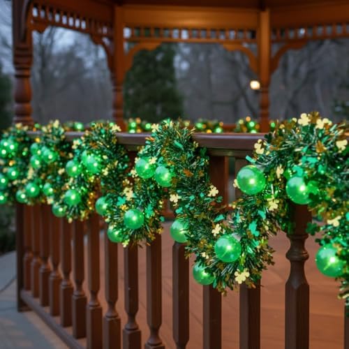 20FT St Patrick's Day Garland Lights, Plug in Outdoor Green Global String Lights and Tinsel Shamrock Garland Set, Parallel Connectable for Home Garden Irish Saint Patrick Party Decorations by Jasneniebo