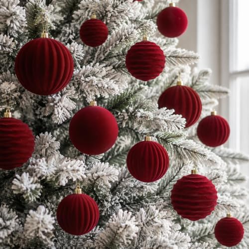 4In Red Velvet Christmas Ornaments Set,9pcs Burgundy Flocked Ornaments Ball - Image 2