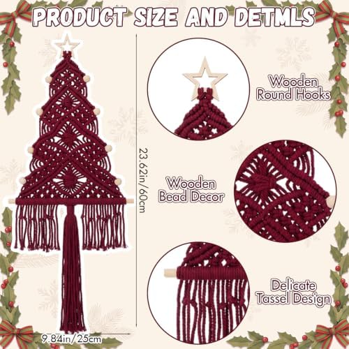 HunnmingRe 3 Pcs Large Macrame Christmas Tree Decor, Burgundy Red - Image 2