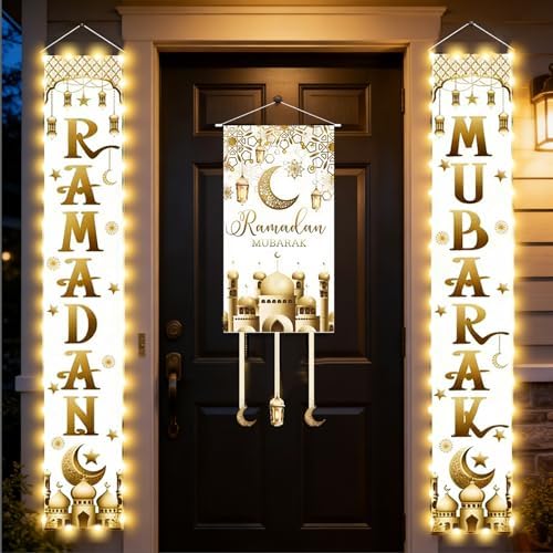 3 IN 1 LED Eid Mubarak Ramadan Banner Decorations, Light Up Mosque Lattern Islamic Mubarak Ramadan Party Favor Supplies Decorations for Outdoor Indoor (White) by Aovaely